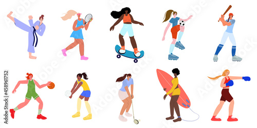 Flat women play different sports collection.Women sportsmen characters set.Isolated on the white background.