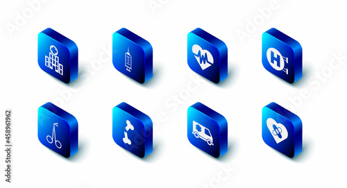 Set Syringe, Heart rate, Hospital signboard, Healed broken heart, Emergency car, Human bone, Medical scissors and hospital building icon. Vector