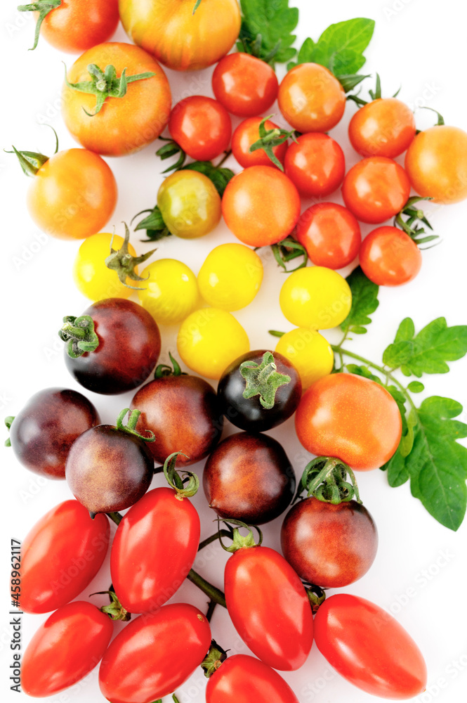 Different colorful cherry tomatoes isolated on white background. Plum tomatoes, yellow cherry and red cherry tomatoes. Top view.