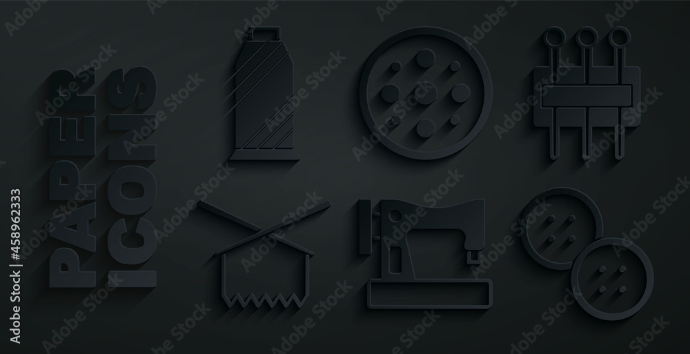 Set Sewing machine, Needle for sewing, Knitting needles, button, and thread spool icon. Vector Set Sewing machine, Needle for sewing, Knitting needles, button, and thread spool icon. Vector