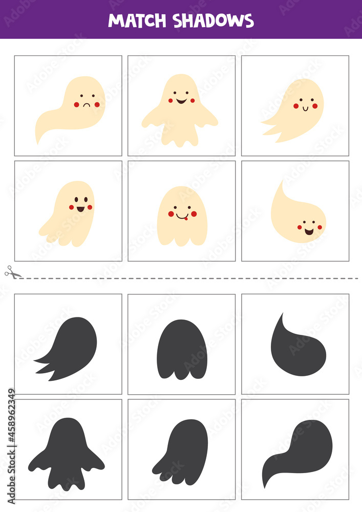 Find shadows of cute Halloween ghosts. Cards for kids. Find shadows of cute Halloween ghosts. Cards for kids.