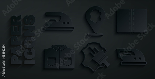 Set Leather, Textile fabric roll, Shirt, Electric iron, and icon. Vector