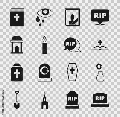 Set Tombstone with RIP written, Flower in vase, Holy bible book, Mourning photo frame, Burning candle, Old crypt, and Speech bubble rip death icon. Vector