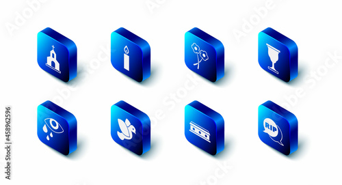 Set Burning candle, Flower, Christian chalice, Speech bubble rip death, Coffin with cross, Dove, Tear cry eye and Church building icon. Vector