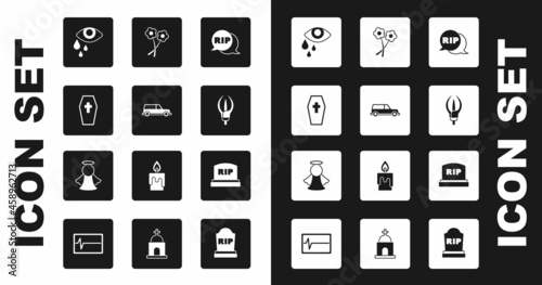 Set Speech bubble rip death, Hearse car, Coffin with cross, Tear cry eye, Lily flower, Flower, Tombstone RIP written and Angel icon. Vector
