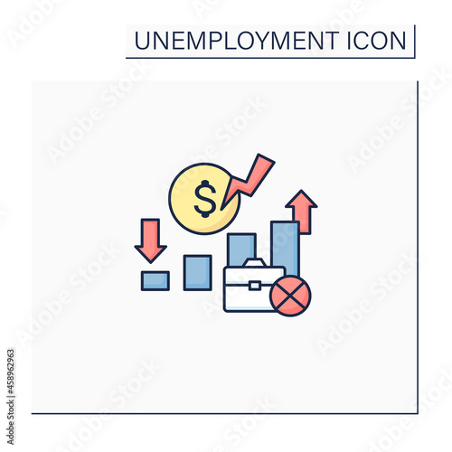 Unemployment rate color icon. Unemployed workers graphs.Increase and decrease labor force in percentage. Staff reduction.Joblessness concept. Isolated vector illustration