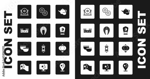 Set Chinese tea ceremony, Fish steak, Great wall of China, Gong, paper lantern, Yuan currency, and icon. Vector