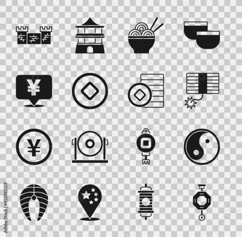 Set Chinese paper lantern, Yin Yang, Firework, Asian noodles bowl, Yuan currency, Great wall of China and icon. Vector