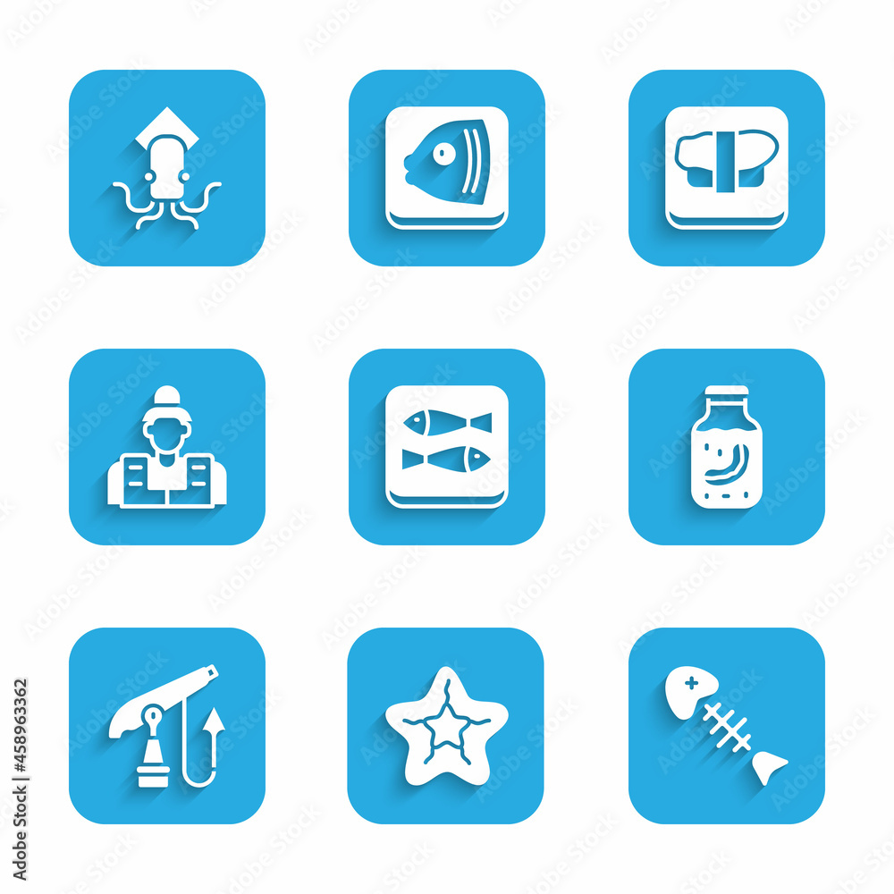 Set Canned fish, Starfish, Fish skeleton, Sea cucumber in jar, Fishing harpoon, Fisherman, Sushi cutting board and Octopus icon. Vector Set Canned fish, Starfish, Fish skeleton, Sea cucumber in jar, Fishing harpoon, Fisherman, Sushi cutting board and Octopus icon. Vector