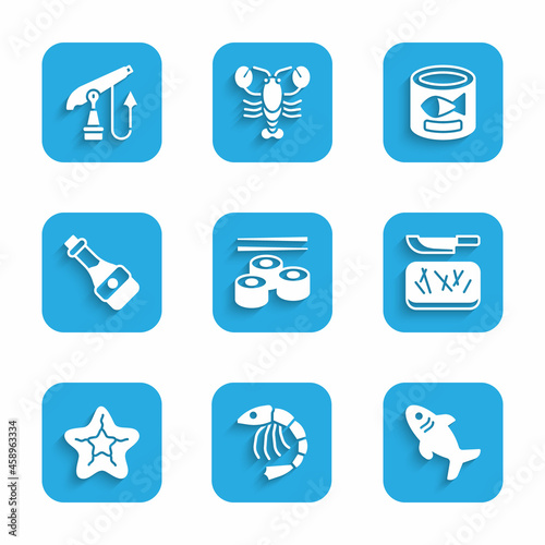 Set Sushi, Shrimp, Shark, Cutting board and knife, Starfish, Soy sauce bottle, Canned and Fishing harpoon icon. Vector