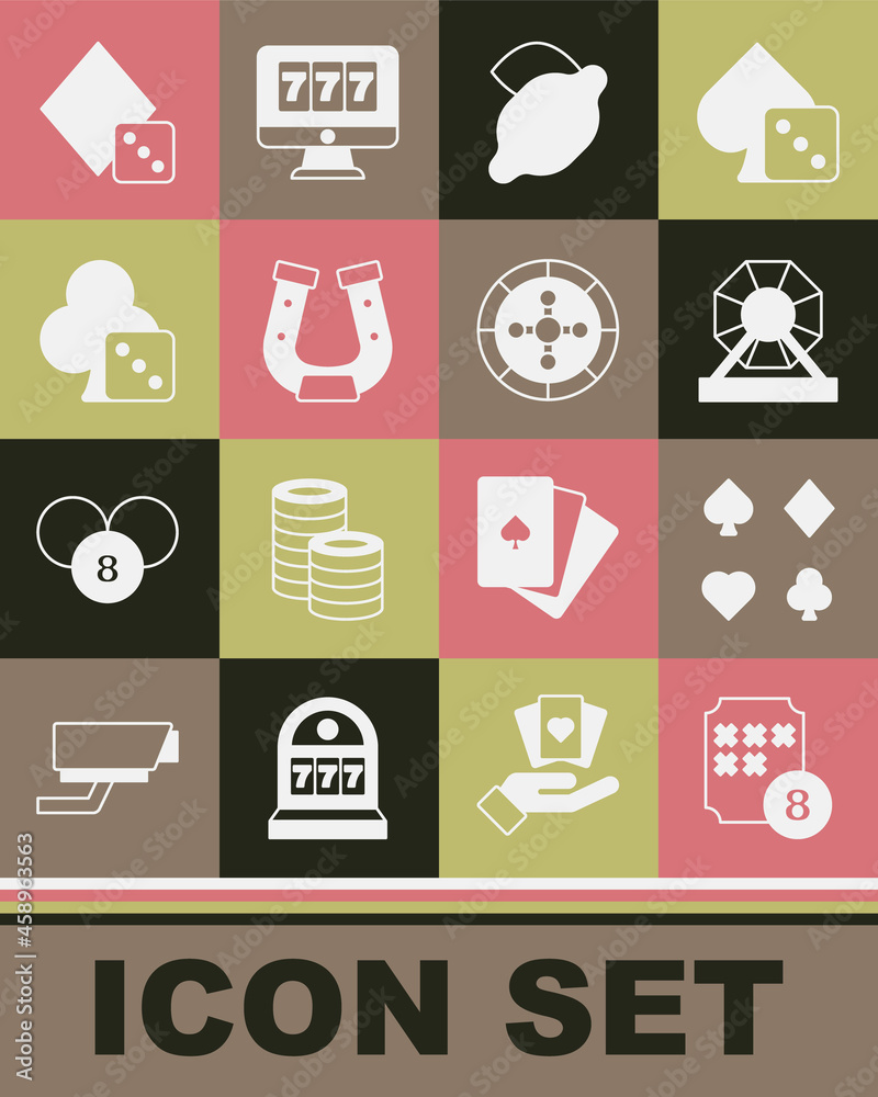 Set Lottery ball on bingo card, Deck of playing cards, machine, Casino slot with lemon, Horseshoe, Game dice, and roulette wheel icon. Vector Set Lottery ball on bingo card, Deck of playing cards, machine, Casino slot with lemon, Horseshoe, Game dice, and roulette wheel icon. Vector