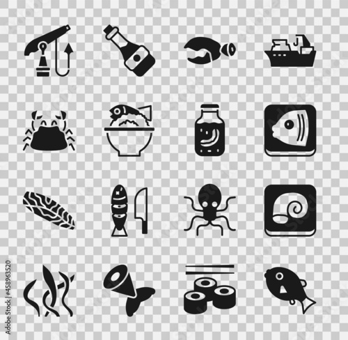 Set Tropical fish, Octopus on plate, Fish head, Lobster or crab claw, Served bowl, Crab, Fishing harpoon and Sea cucumber jar icon. Vector