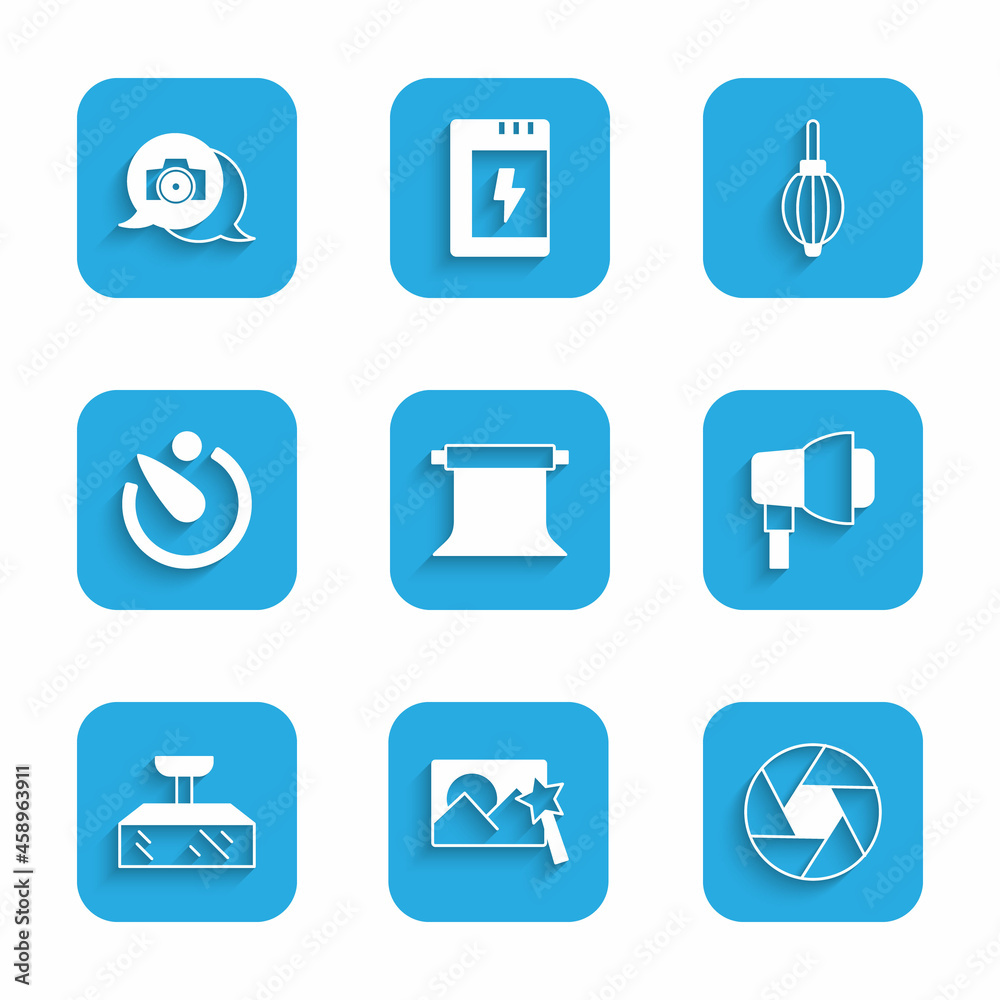 Set Empty photo studio, Photo retouching, Camera shutter, Softbox light, timer, Dust blower and camera icon. Vector Set Empty photo studio, Photo retouching, Camera shutter, Softbox light, timer, Dust blower and camera icon. Vector