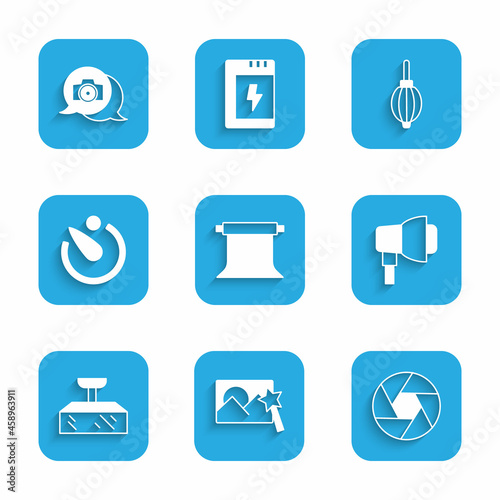 Set Empty photo studio, Photo retouching, Camera shutter, Softbox light, timer, Dust blower and camera icon. Vector