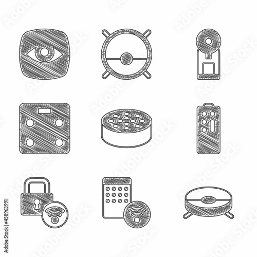 Set Water sensor, Air humidifier, Robot vacuum cleaner, Remote control, Digital door lock, Smart bathroom scales, coffee machine and Security camera icon. Vector