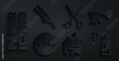 Set Bar of soap with foam, Hairdresser pistol spray bottle, Mustache, Spray can for hairspray, Scissors hairdresser and Curling iron icon. Vector