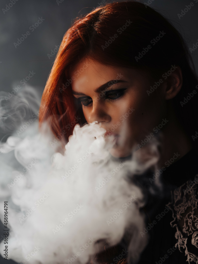 pretty woman bright makeup smoke from mouth studio