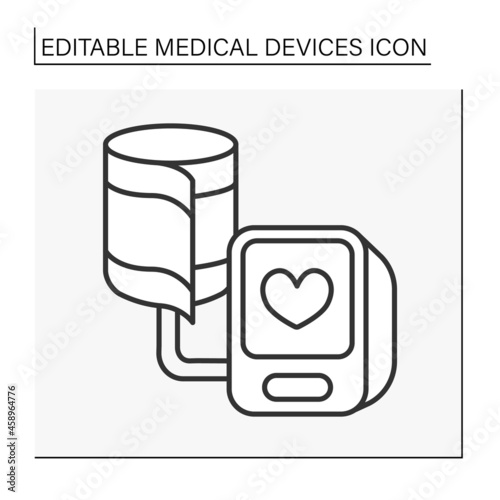  Blood pressure monitor line icon. Spirometer, pulse oximeter. Records health data. Medical devices concept. Isolated vector illustration. Editable stroke