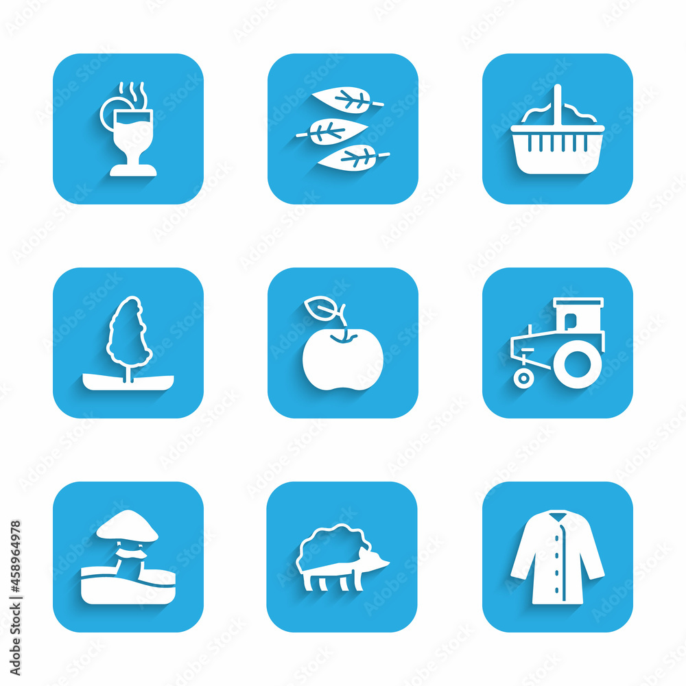 Set Apple, Hedgehog, Raincoat, Tractor, Mushroom, Tree, Basket and Mulled wine icon. Vector