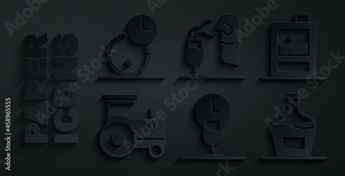 Set Wine time, Cardboard box of wine, Tractor, Old bottle, Sommelier and Wooden barrel for icon. Vector
