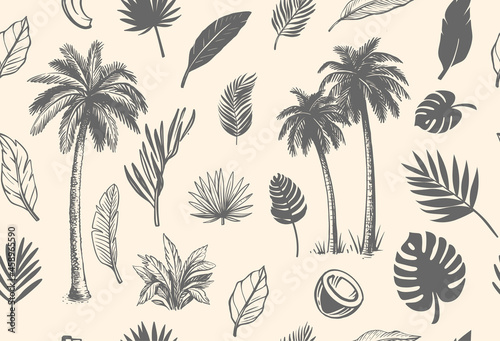 Seamless vector Pattern with tropical leaves and palms.