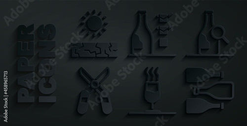 Set Wine tasting, degustation, Bottle of wine, Gardening scissors, Bottles, and Drought icon. Vector
