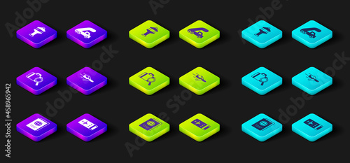 Set Passport, Airline ticket, Lost baggage, Plane, Passenger ladder for plane boarding and Airport control tower icon. Vector