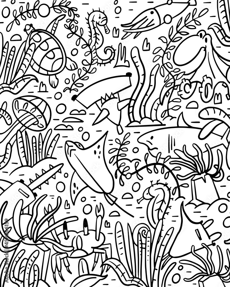 Coloring. Sea creatures and plant underwater. Black outline. Vector illustration.