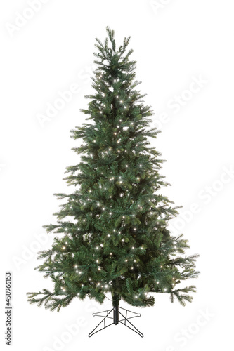 Artificial green christmas tree with built-in garland isolated on white background
