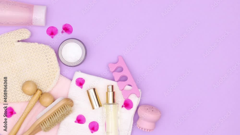 Relaxing spa skin care products move on left side of purple theme. Stop motion Relaxing spa skin care products move on left side of purple theme. Stop motion