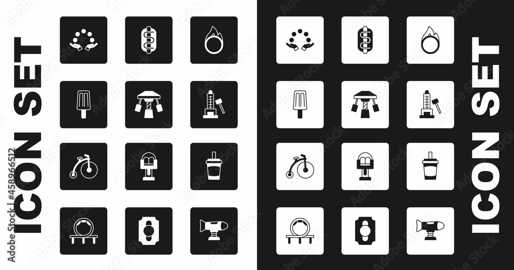 Set Circus fire hoop, Attraction carousel, Ice cream, Juggling ball, Striker attraction with hammer, Hotdog sandwich, Paper glass water and Vintage bicycle icon. Vector Set Circus fire hoop, Attraction carousel, Ice cream, Juggling ball, Striker attraction with hammer, Hotdog sandwich, Paper glass water and Vintage bicycle icon. Vector