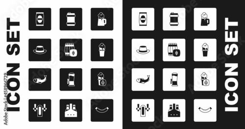 Set Wooden beer mug, barrel, Oktoberfest hat, Beer can, Glass of, Metal keg, and Dried fish icon. Vector