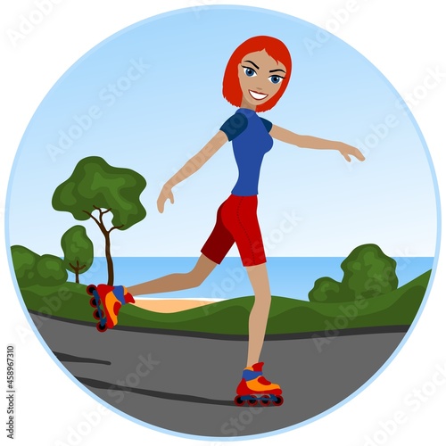 Smiling young woman on roller skates. Vector illustration.
