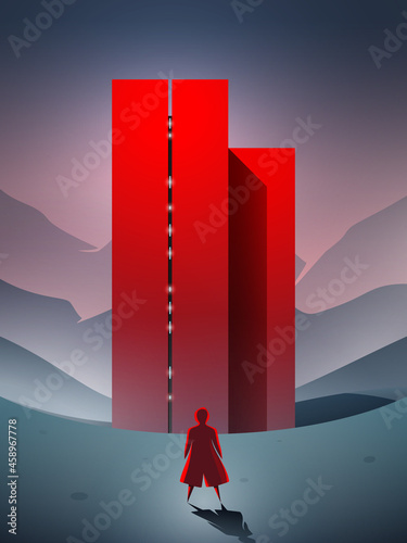 Science fiction vector scene, girl arriving at the futuristic red building standing in a surreal landscape.