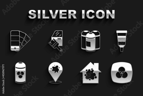 Set Paint spray, Tube with paint palette, RGB and CMYK color mixing, Painting the house, can, Color guide and Car painting icon. Vector
