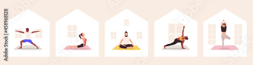 Set of multicultural people practicing yoga at home. Vector illustration