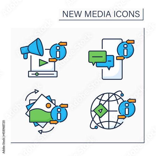 New media color icons set. Media sharing networks, gifs, messaging app, promotion video. Information space concept. Isolated vector illustrations