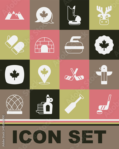 Set Ice hockey stick and puck, Canadian totem pole, maple leaf, Skates, Igloo ice house, Christmas mitten, Mountains and Stone for curling icon. Vector