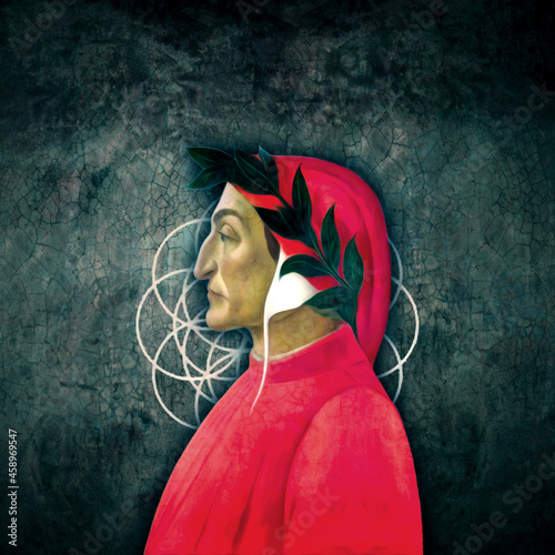 Dante Alighieri profile illustration on abstract geometric and weathered wall background