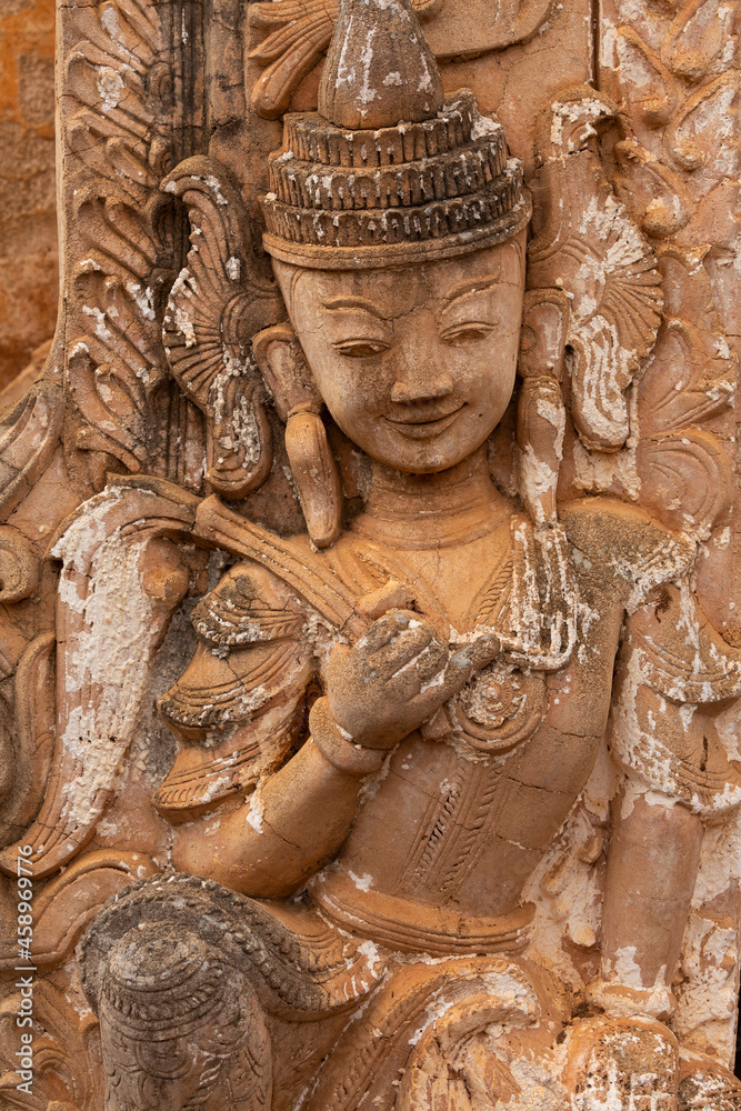 Ancient relief and depict of Buddha or some mythological character, in Nyaung Ohak, Shwe Indein Pagoda, Shan State, Myanmar