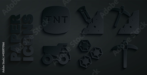 Set Gem stone, Pickaxe, Mining dump truck, Construction jackhammer and Dynamite icon. Vector