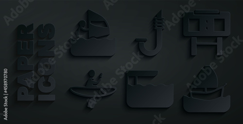Set Diving board or springboard, Sport mechanical scoreboard, Kayak and paddle, Yacht sailboat, Snorkel and Windsurfing icon. Vector