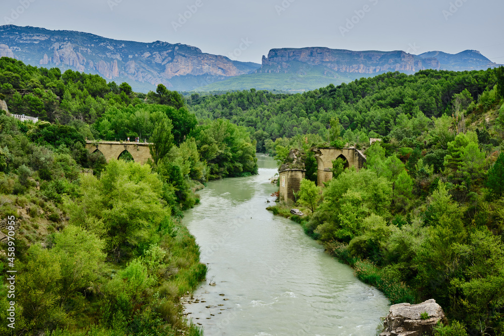Obraz premium Destroyed bridge over the Gallego river, Murillo de Gallego Huesca Aragon