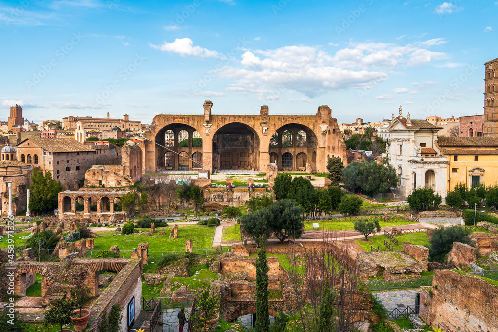 Buildings of ancient roman forum viewed from the distance