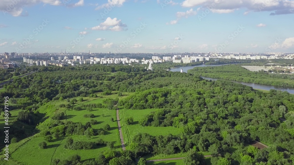 Aerial Moscow view with green park and river, Russia