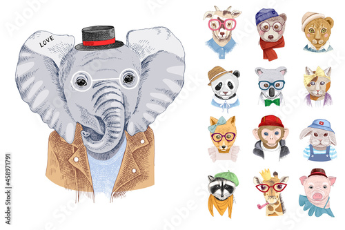 Portraits of funny hipster babies with accessories