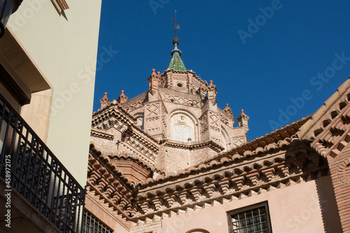 View of the beautiful Cathedral facade and Dome from below. Teruel, Aragon, Spain