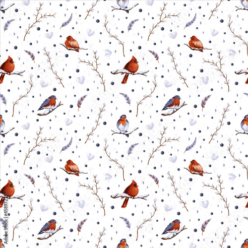 Seamless winter patterns with birds, feathers, stars, snowflakes and snowballs, twigs and branches, Christmas toys on the white background. Endless hand-painted ornaments for Christmas and New Year
