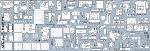 Floor plan icons set for design interior and architectural project (view from above). Furniture thin line icon in top view for layout. Blueprint apartment. Vector photo