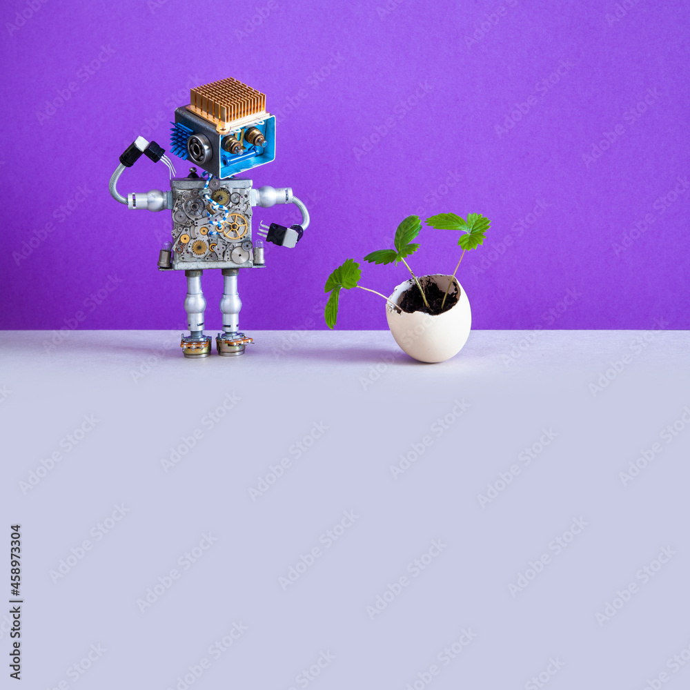 Surprised robot looks at a young green shoot sprouting in an egg shell